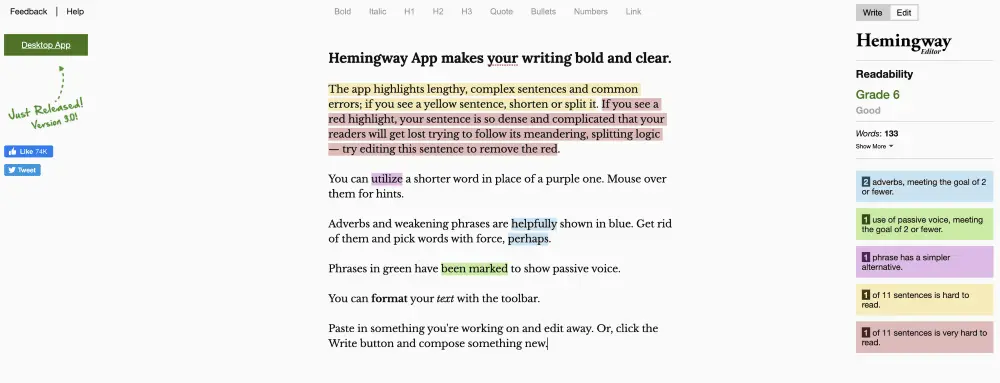 Hemingway Editor homepage screenshot