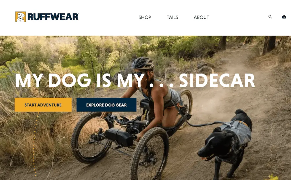 Image of Ruffwear site with headline "My dog is my ... sidecar"