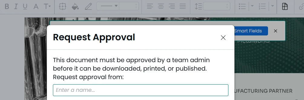 Request Approval pop-up window over a document editor.