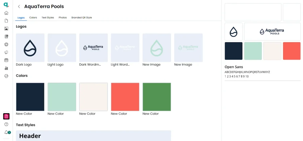 Brand asset portal displaying logos and color palettes.