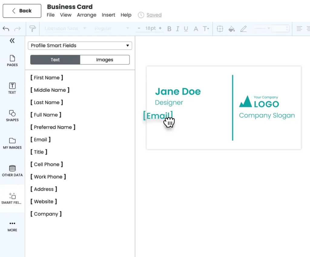 Design interface showing Profile Smart Fields used to automate content personalization on a business card template.