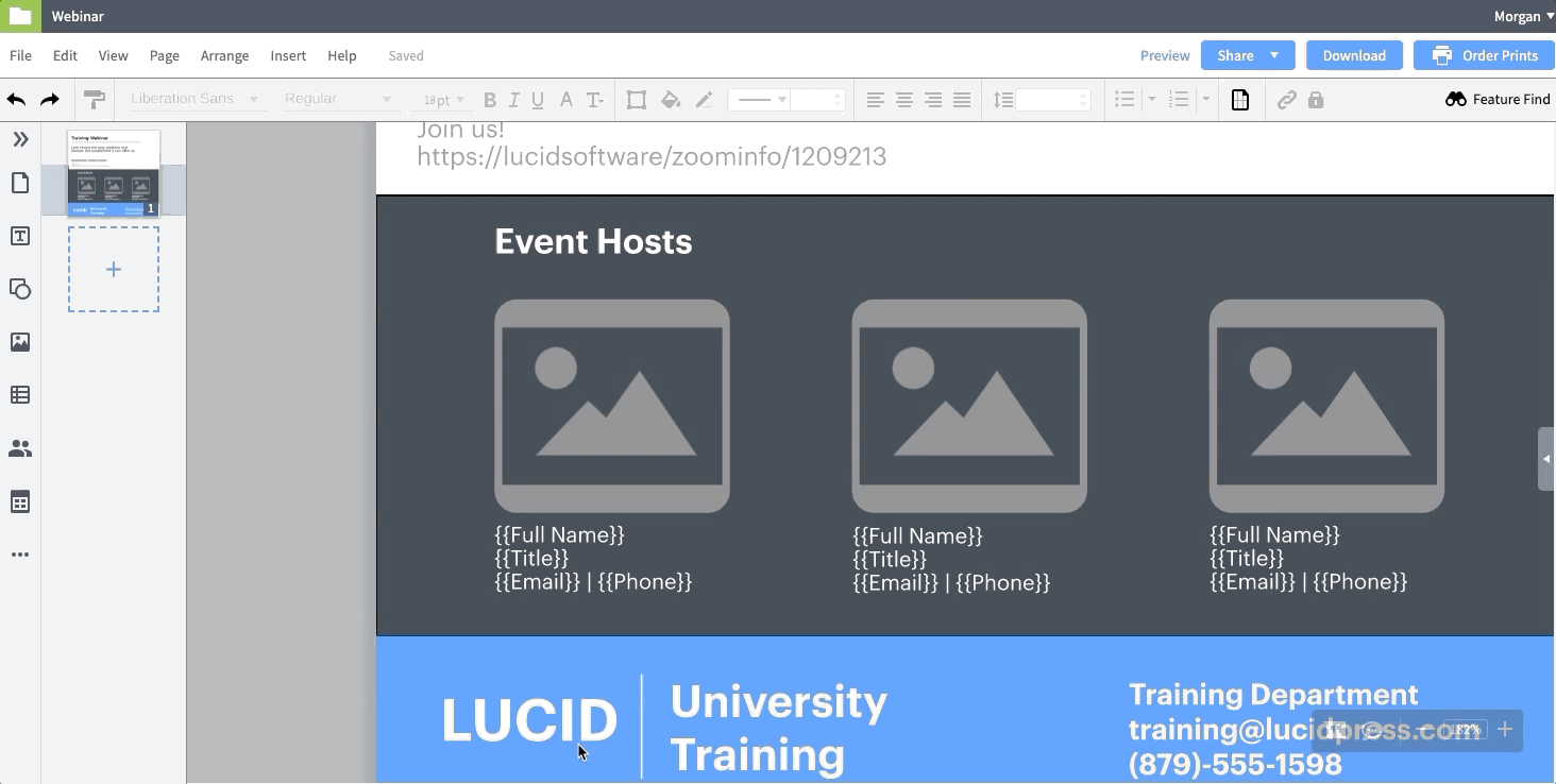 Webinar slide template displaying placeholder smart fields for automated contact and role personalization.
