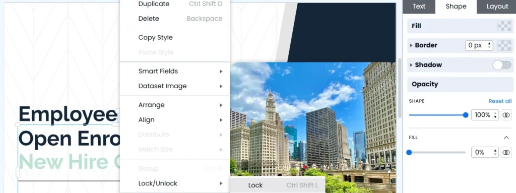 Editor interface locking an image into a template.
