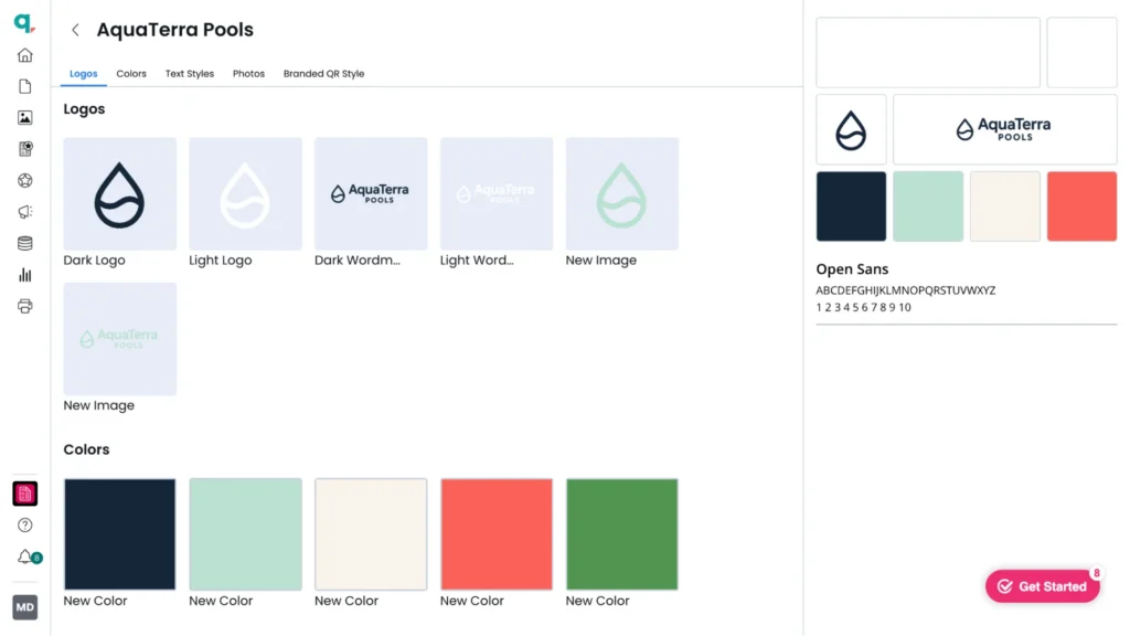 Brand asset portal displaying logos and color palettes.