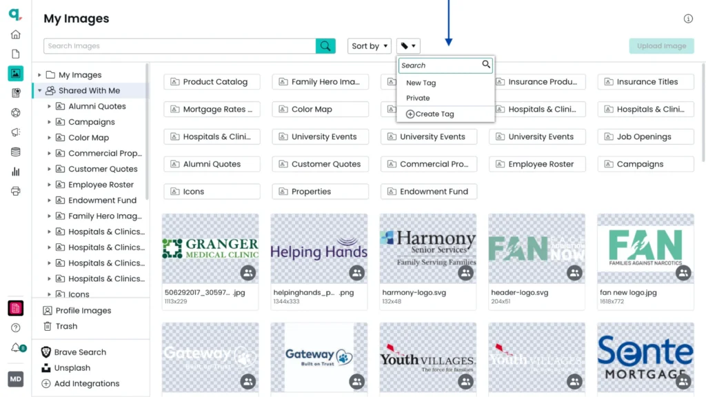 Interface menu for managing and tagging shared images.