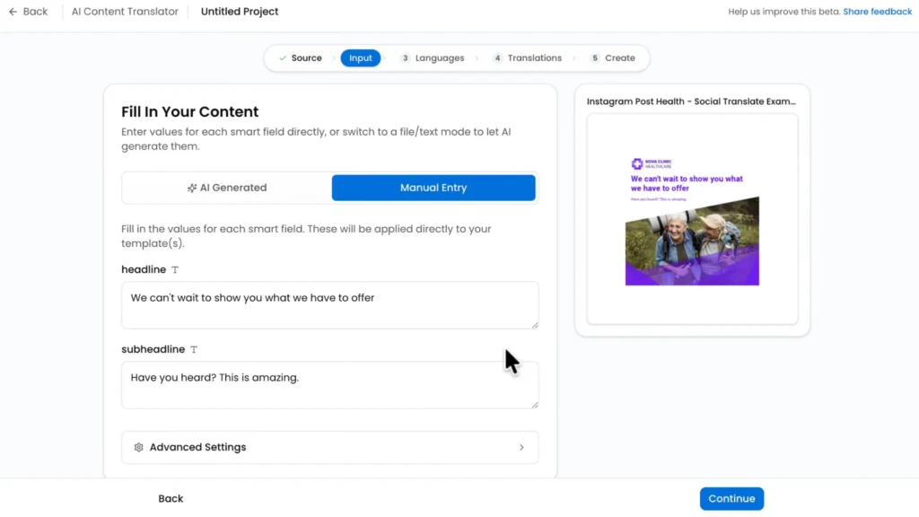 Interface for an AI Content Translator tool showing automated translation workflows and content input fields