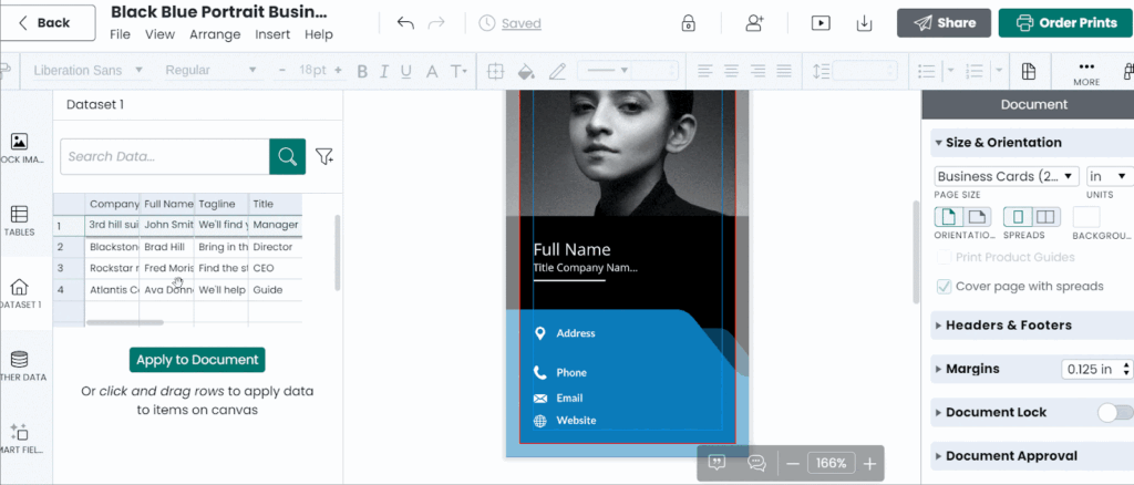 Interface showing a data spreadsheet panel used to apply bulk datasets for creative automation and asset personalization.