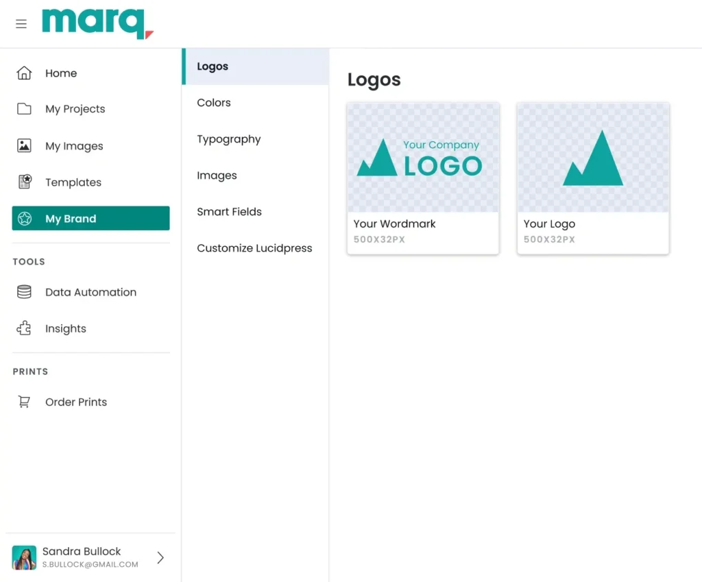 Marq dashboard interface showing the brand asset management panel for logos and template governance.