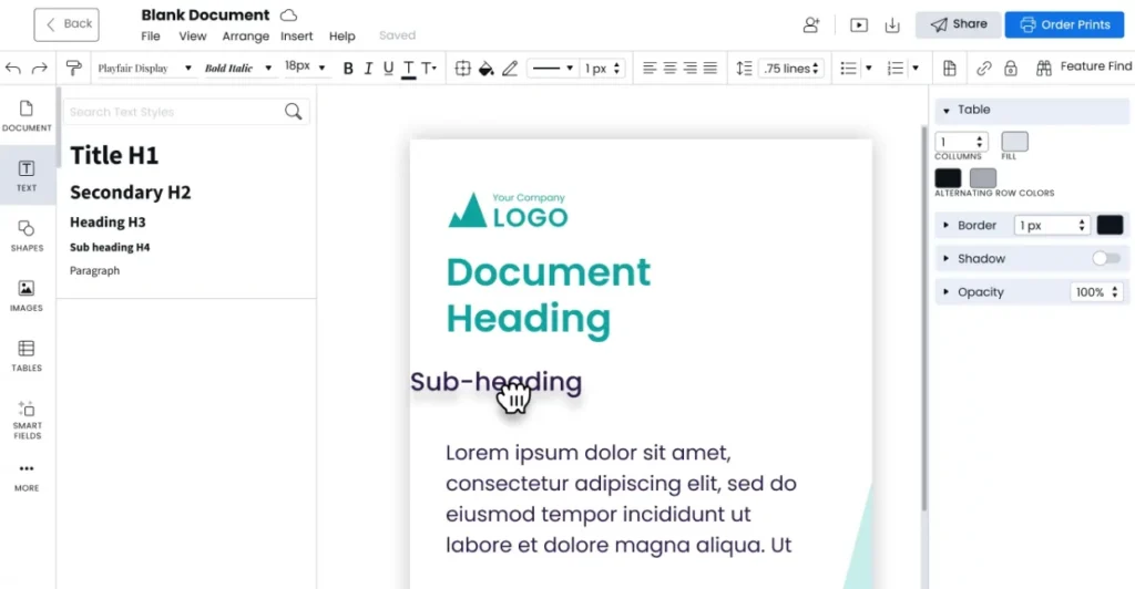 Editor interface showing text style options for a template.