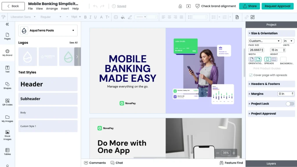 Editor interface displaying brand assets and template.