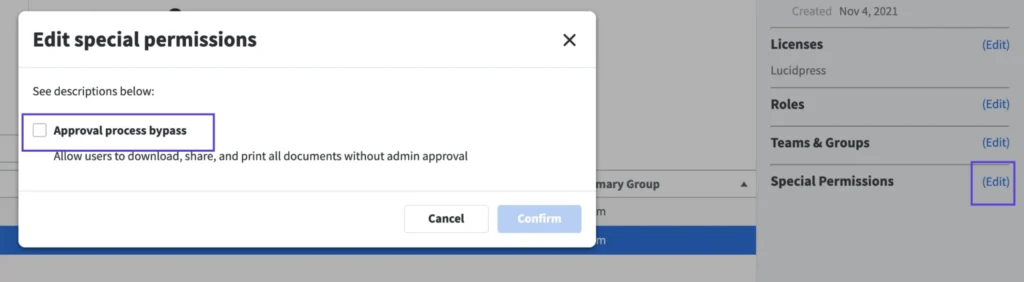 Interface setting permissions to bypass approval processes.