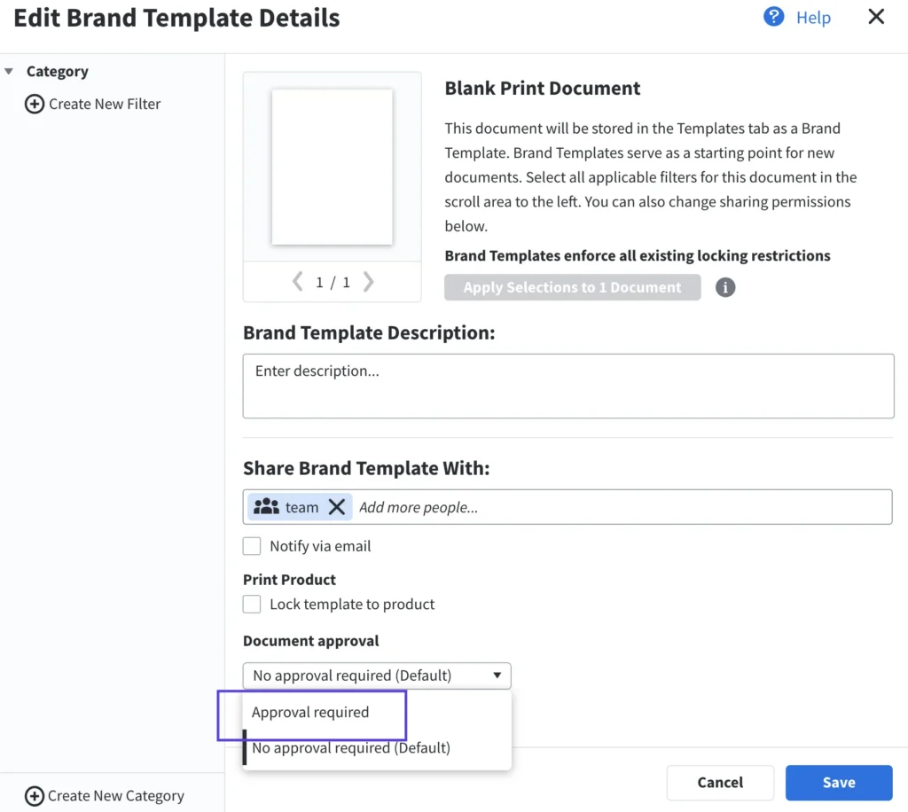 Interface menu to edit brand template details.