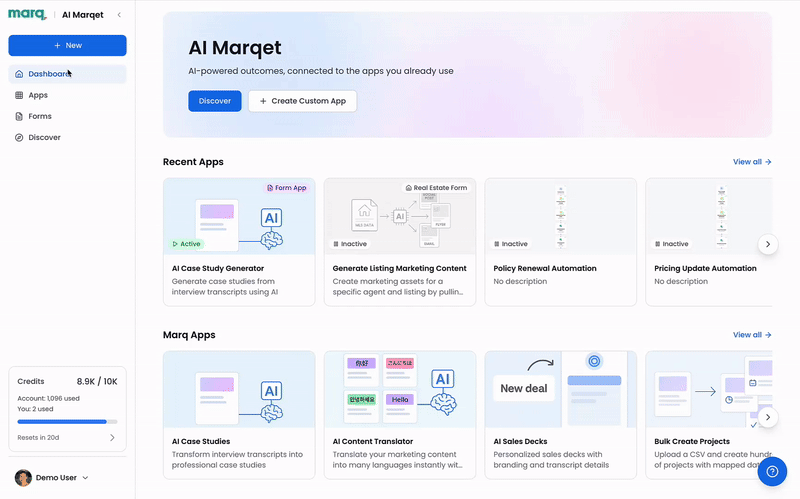 Marq dashboard showing various AI-powered marketing apps.