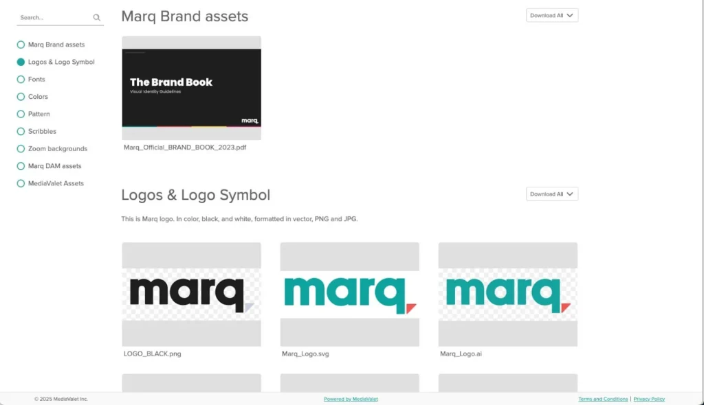 MediaValet asset library showing Marq brand logos.