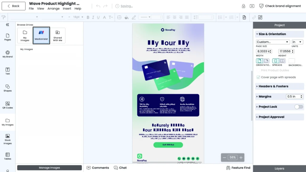 Marq design canvas displaying a NovaPay template and MediaValet drive side integration