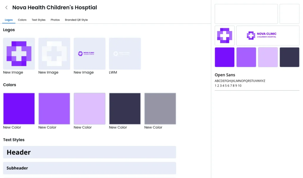Brand portal dashboard for Nova Health showing logos, colors, and fonts.