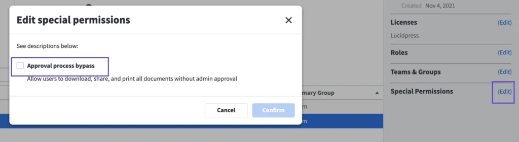 Marq admin settings layout for editing special user workflow permissions.