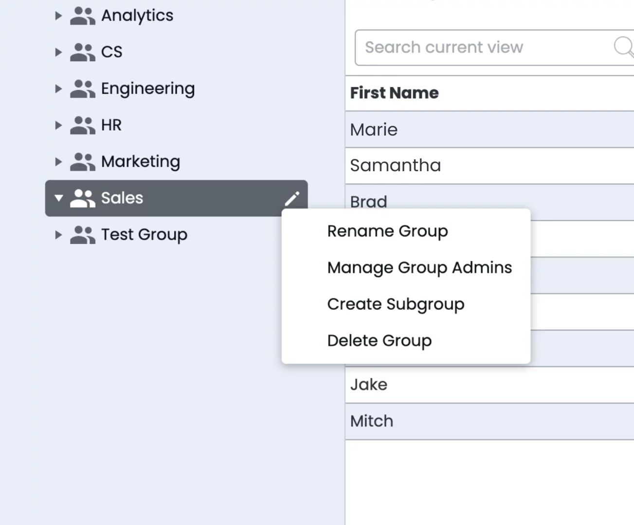 Marq group management menu with options to rename a group, manage admins, and create a subgroup