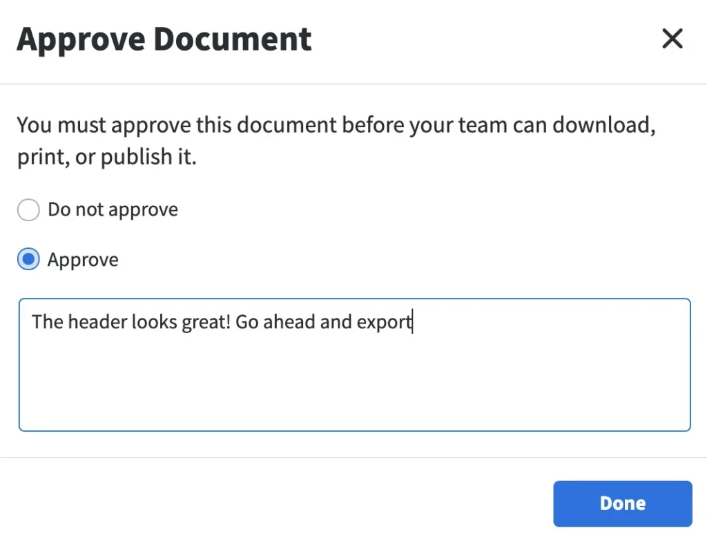 Marq document approval dialog with approval selected