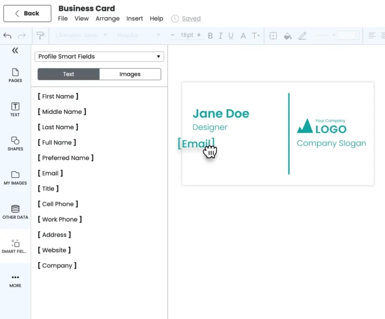 Marq Smart Fields automatically populating contact information in a business card