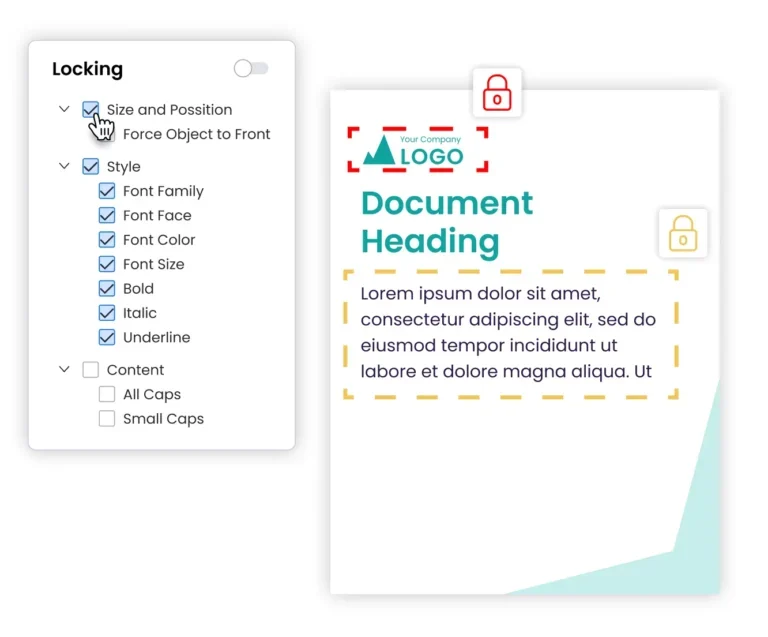 Marq template locking controls for logo, typography, and content